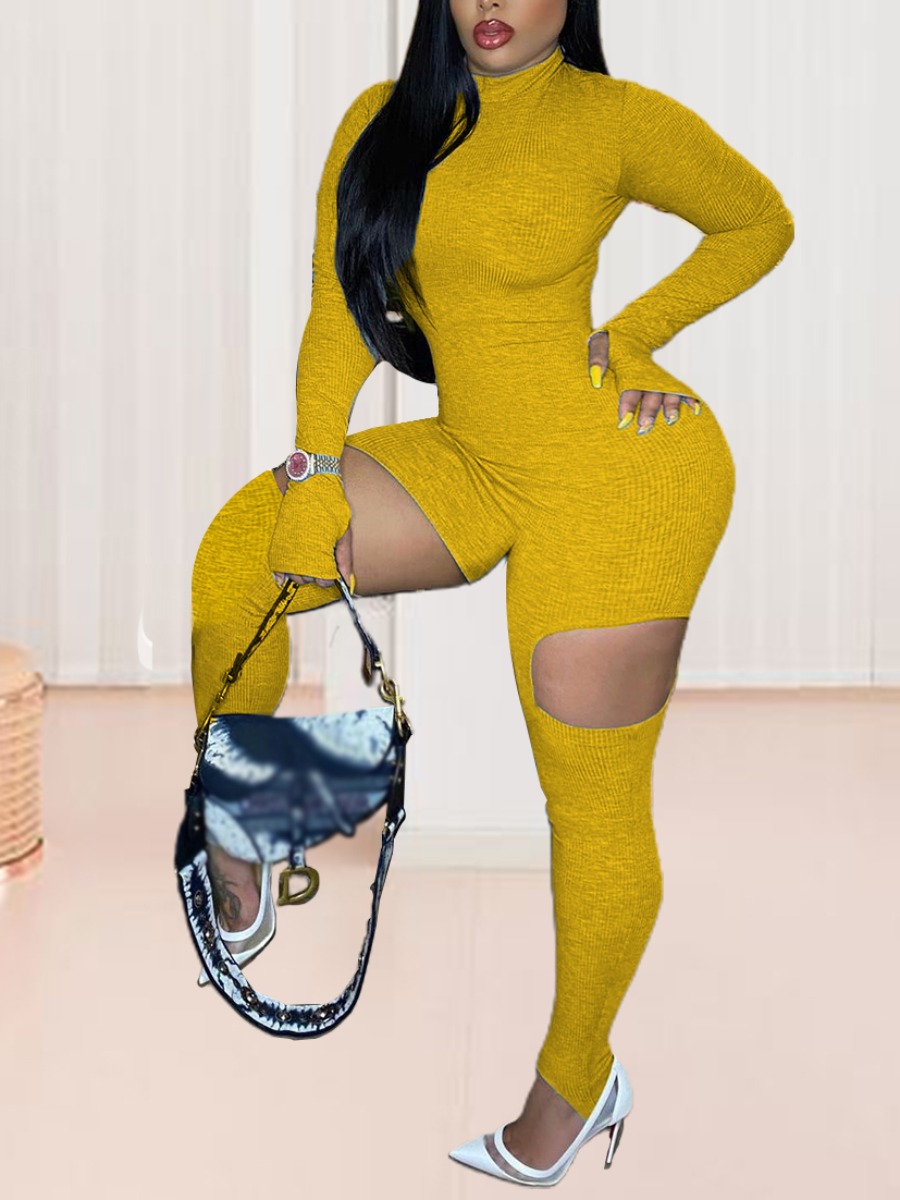 

LW Rib Knit Cut Out Jumpsuit, Yellow