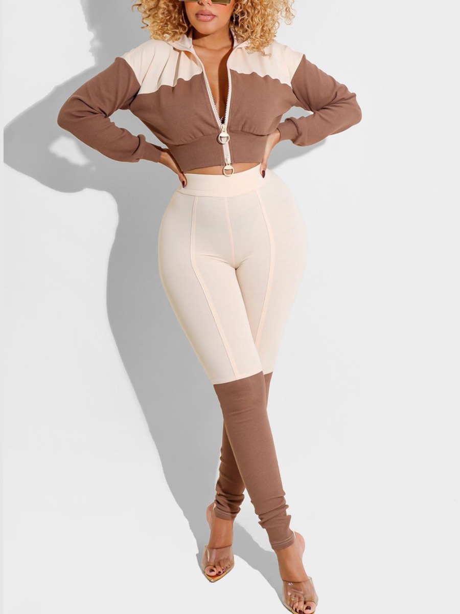 

LW Zip Up Patchwork Crop Tracksuit Set, Clay