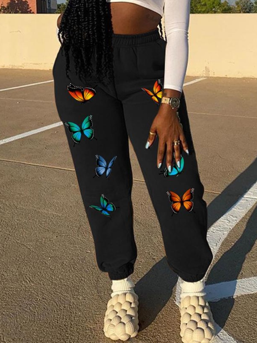 

LW Butterfly Print Drawstring Sweatpants, Black