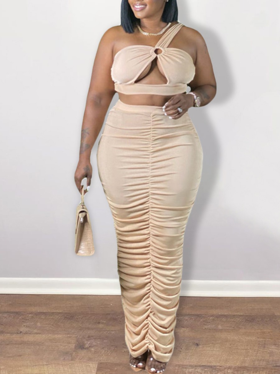 

LW Plus Size Hollow Out Ruched One Shoulder Skirt Set, Apricot