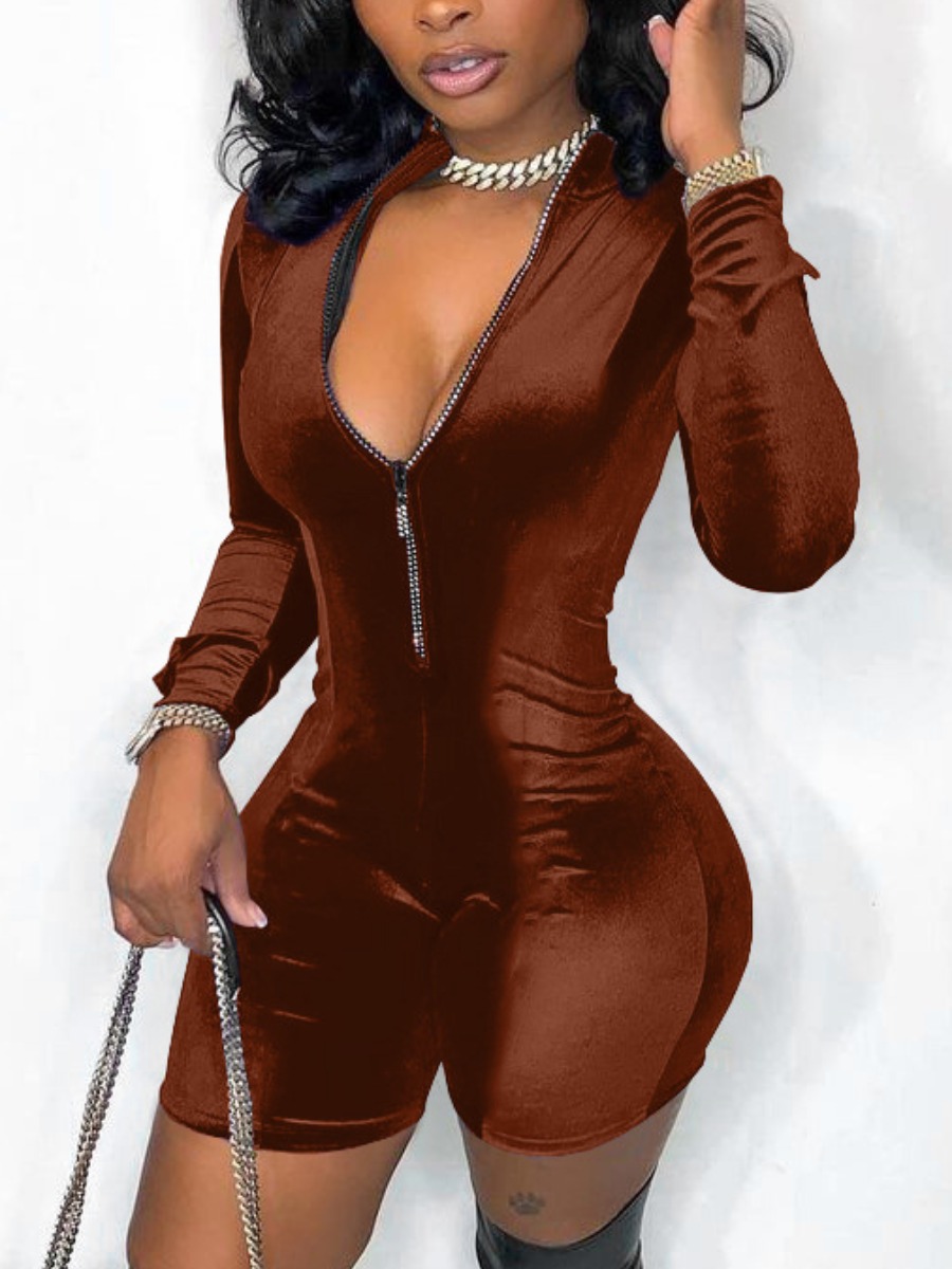 

LW SXY Velvet Zipper Design Basic Romper, Coffee