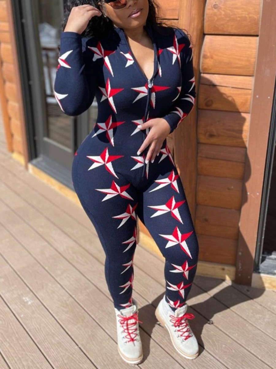 

LW Star Print Zipper Design Jumpsuit, Deep blue