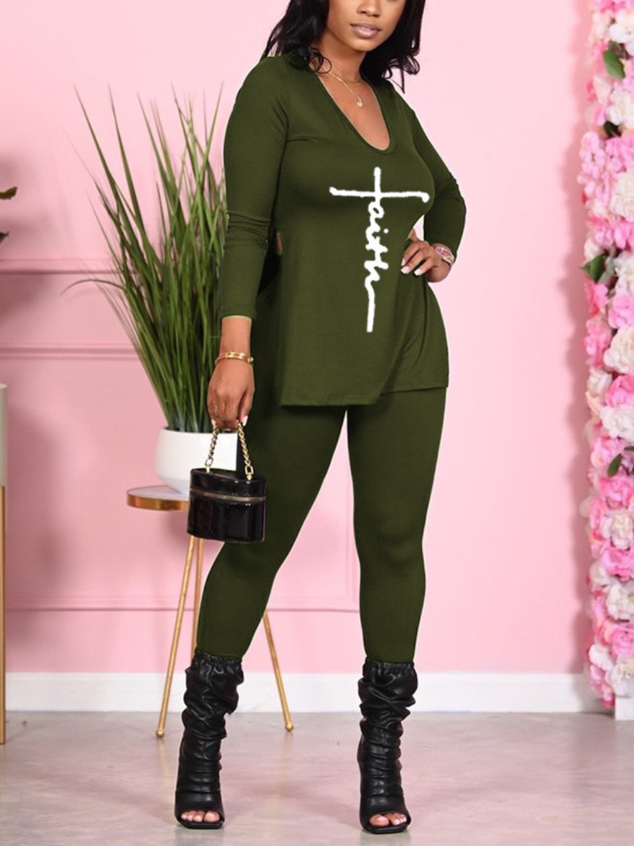 LW Slit Letter Print Pullover Pants Set