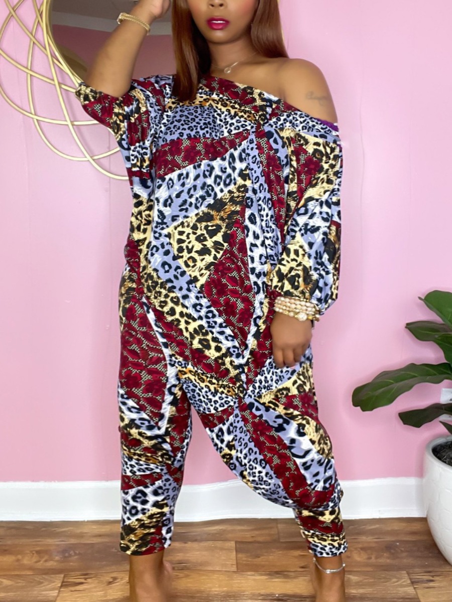 

LW Plus Size One Shoulder Leopard Print Loose Pants Set