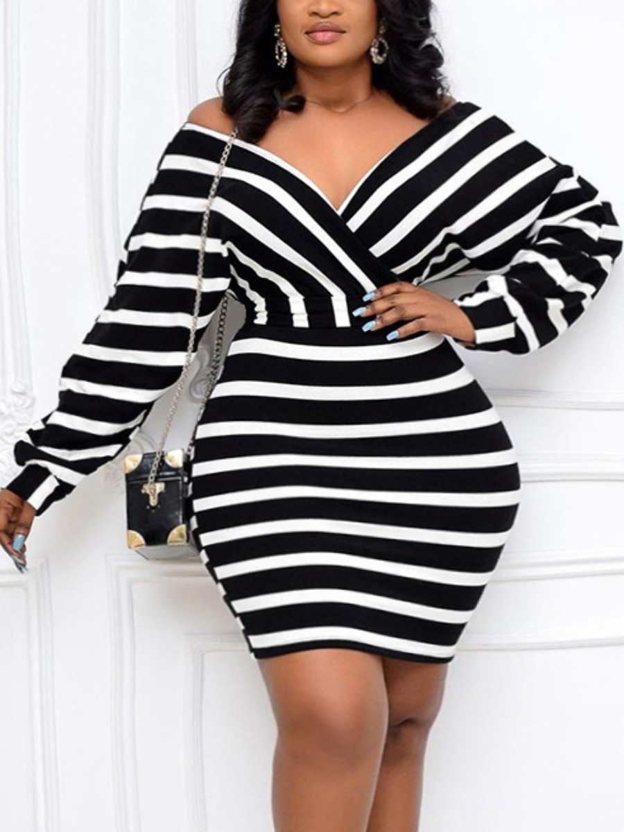 

LW Plus Size V Neck Striped Bodycon Dress, Black stripe
