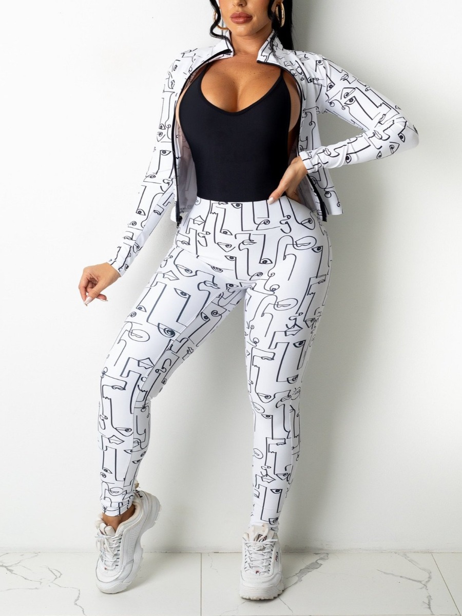 

LW Letter Print Zipper Design Tracksuit Set, White