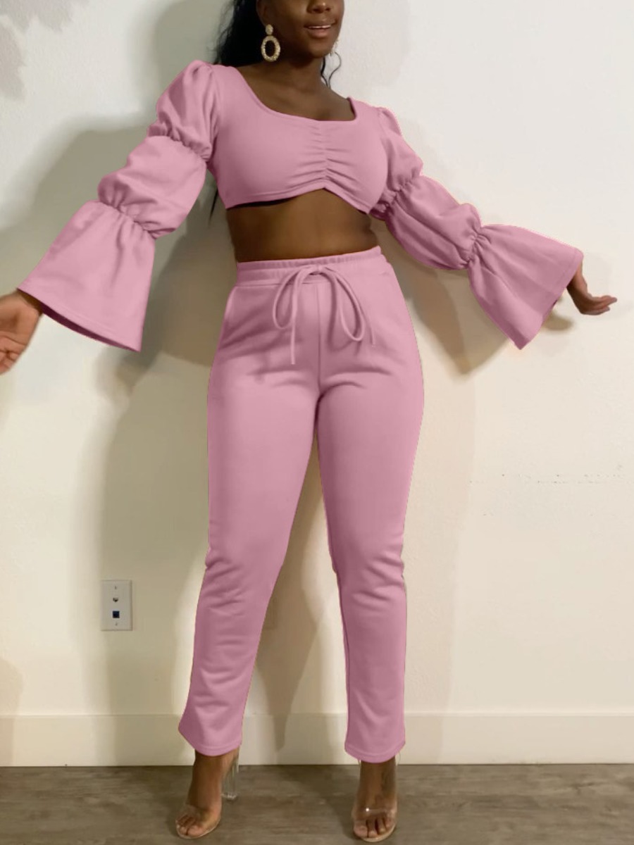 LW Flare Sleeve Ruched Crop Top Pants Set