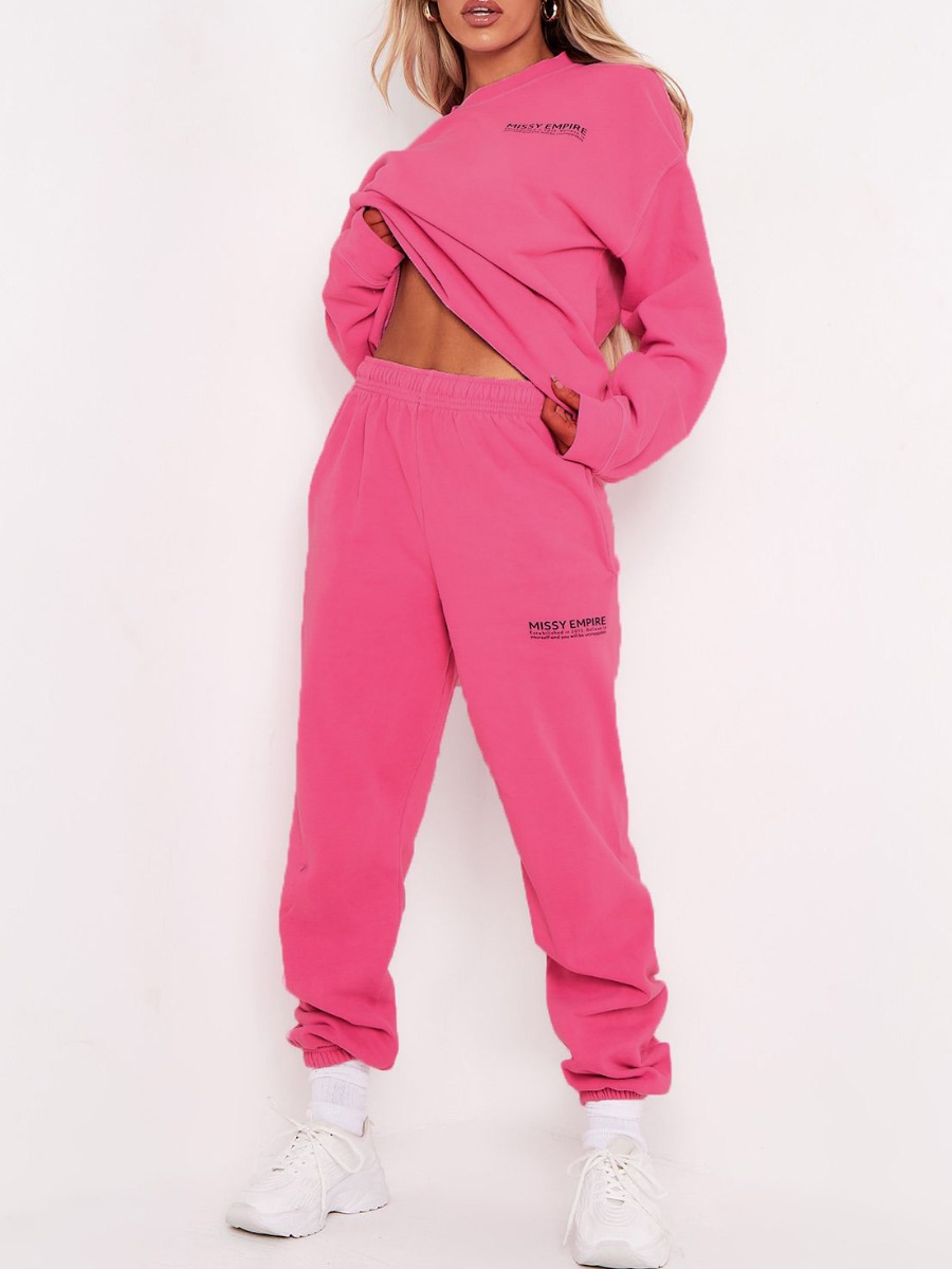 

LW Sweat Letter Print Pullover Pants Set, Pink