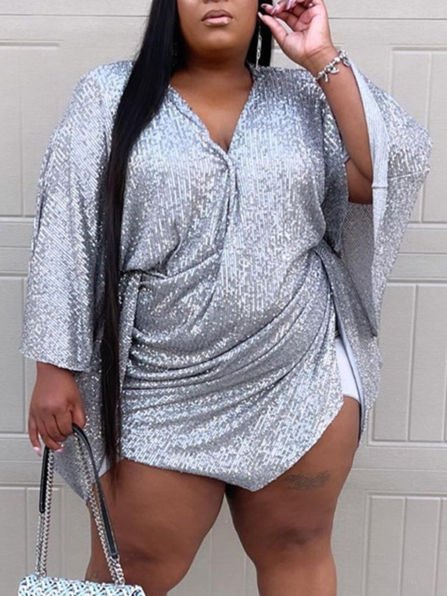 LW SXY Plus Size Sequined High Low Dress, Grey
