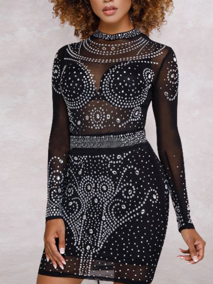 

LW SXY Mesh Sequined SeeThrough Prom Dress, Black