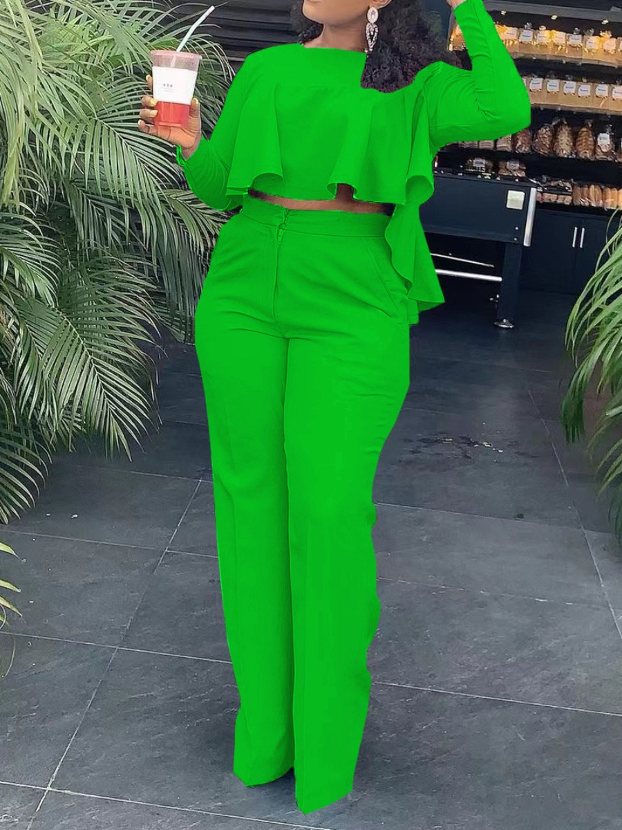 LW Ruffle Design High Low Pants Set, Green