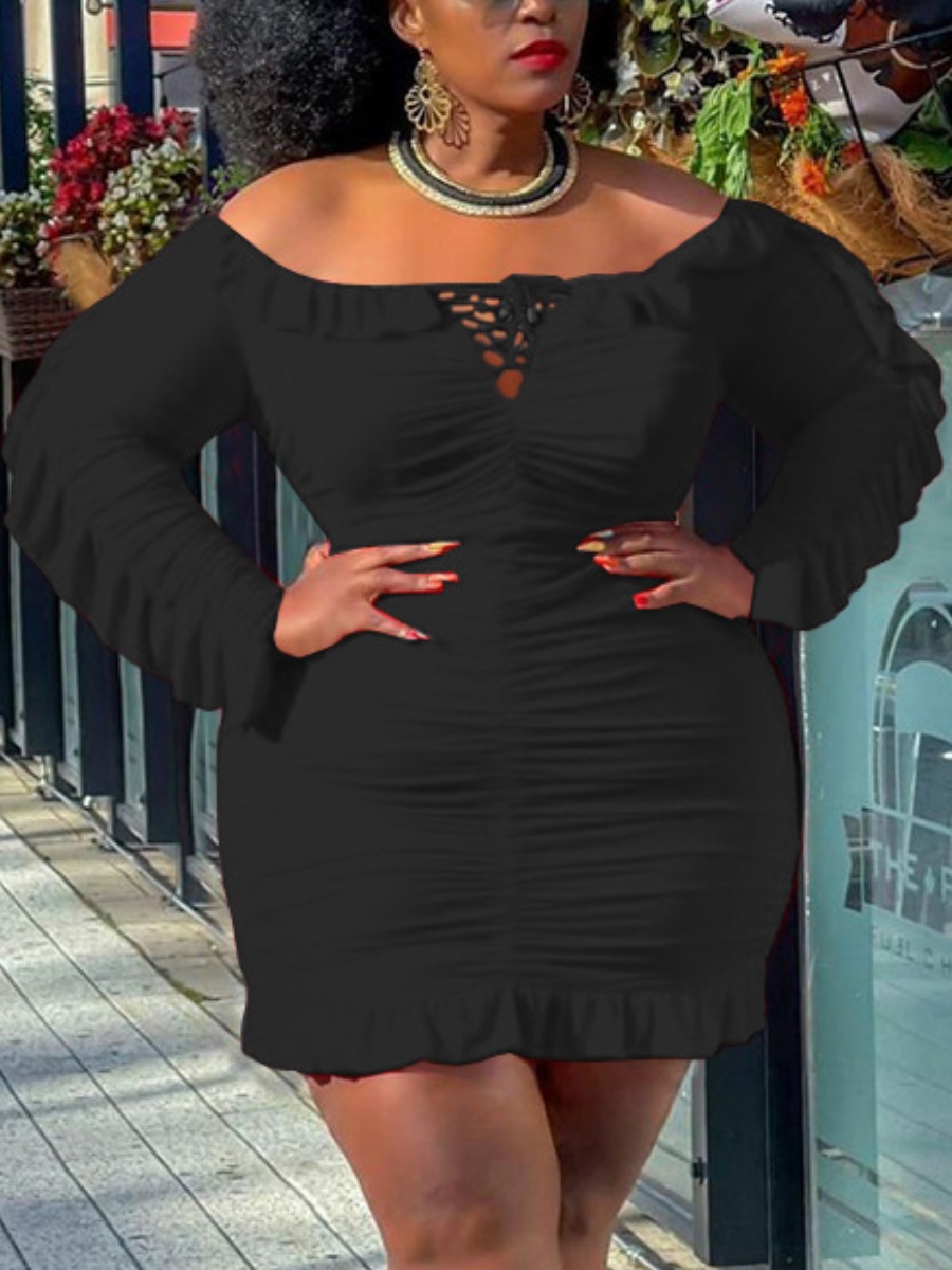 

LW Plus Size Off The Shoulder Ruffle Hem Ruched Solid Bodycon Dress, Black