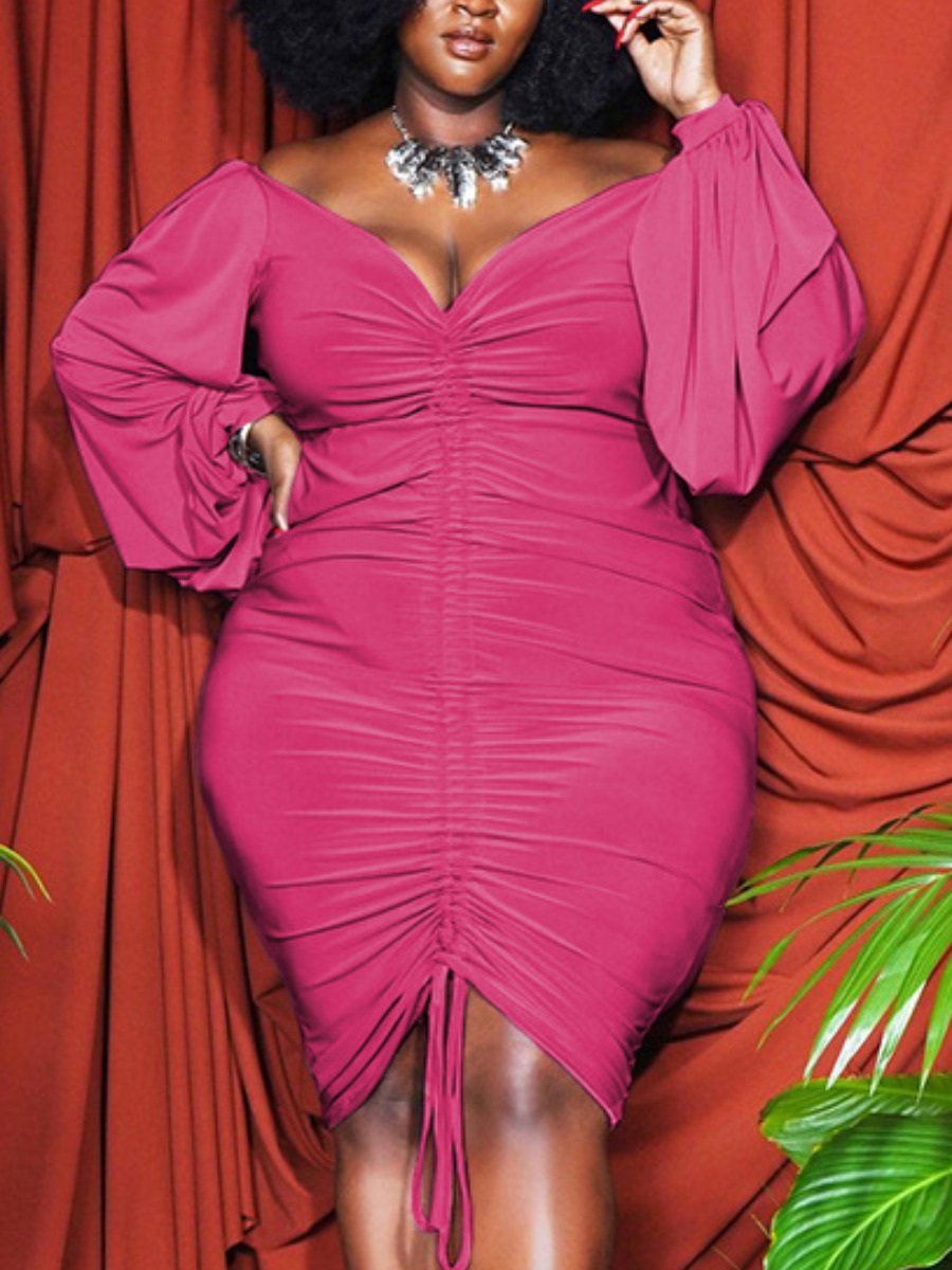 

LW SXY Plus Size Drawstring Ruched Bodycon Dress, Rose red
