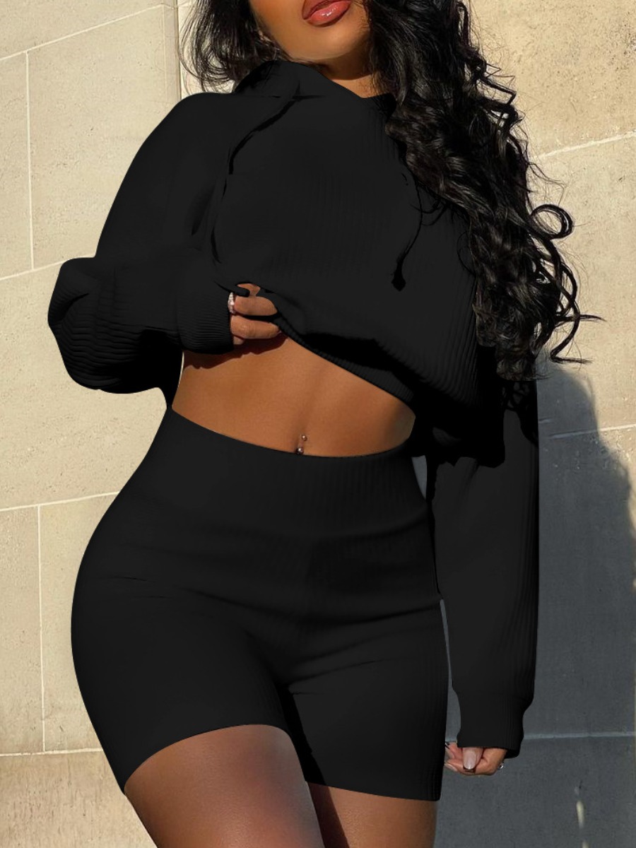 

LW Hooded Collar Elastic Waist Tracksuit Set, Black