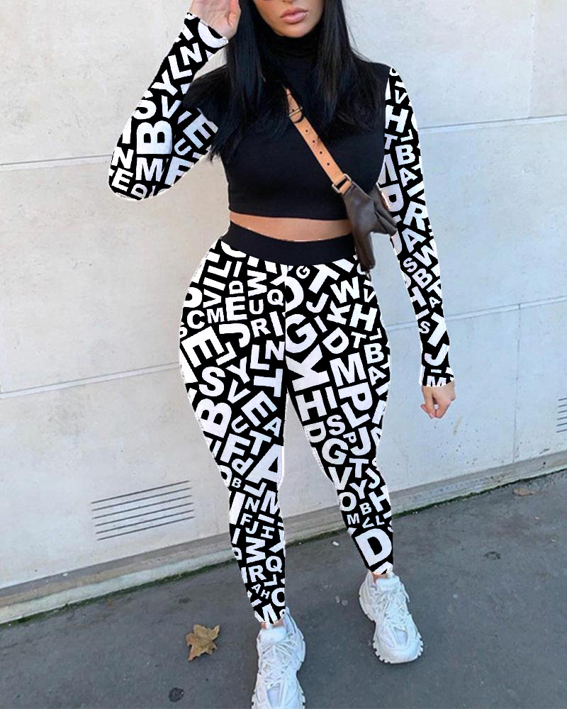 

LW Letter Print Patchwork Cropped Pants Set, Black