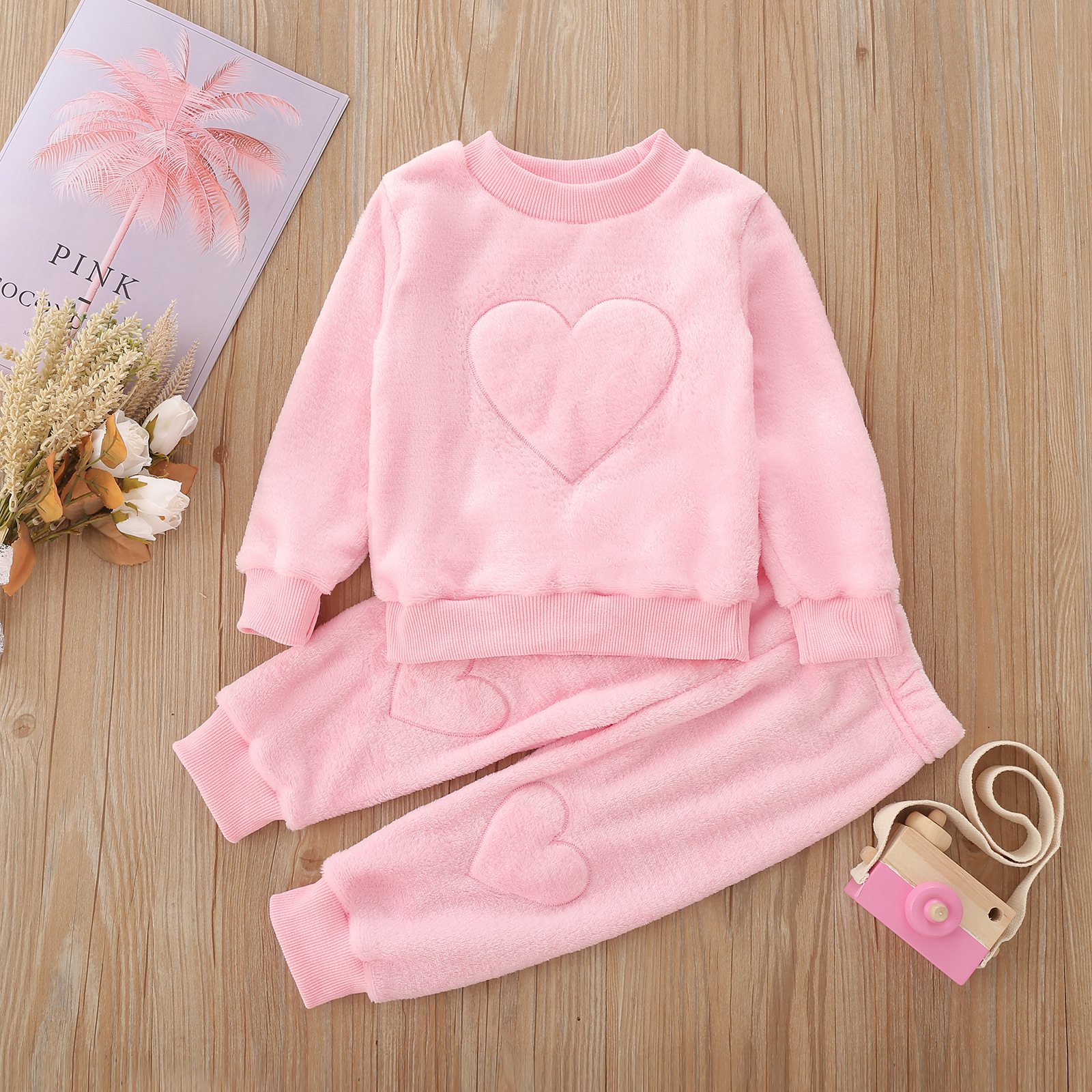

LW COTTON Girl Velvet Heart Pattern Pullover Basic Pants Set, Pink