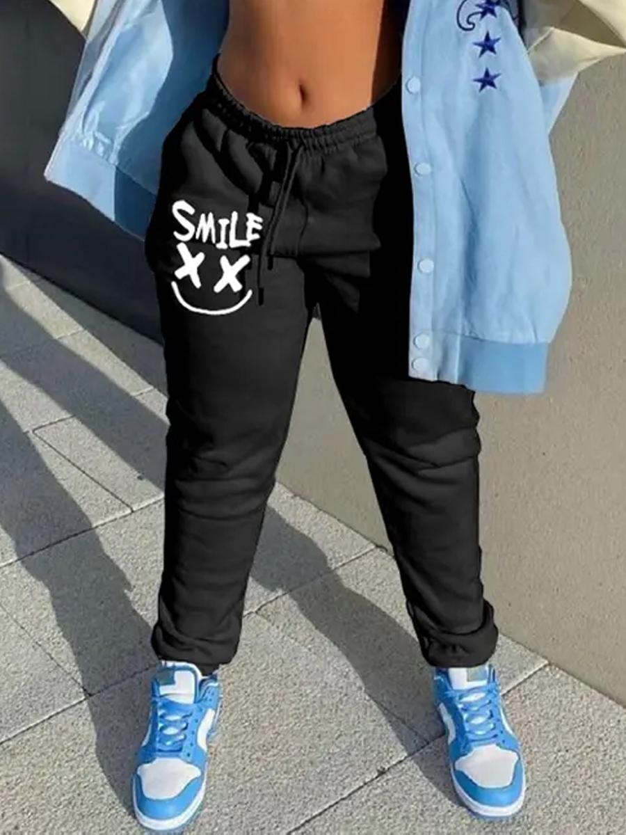 

LW Letter Print Drawstring Sweatpants, Black