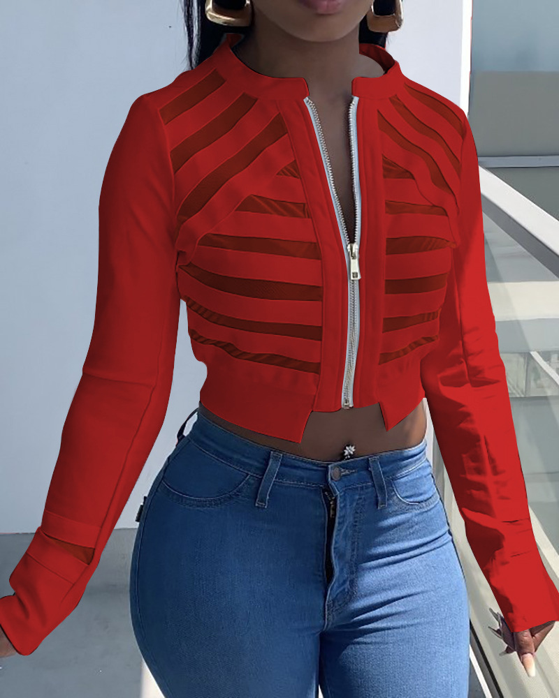 

LW SXY Zipper See-through Patchwork Jacket, Red
