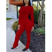 LW Leisure O Neck Fold Design Red Two Piece Pants 
