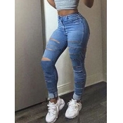 LW Stretchy Broken Holes Skinny Deep Blue Jeans