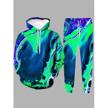 

LW Trendy Hooded Collar Tie-dye Green Men Two-piece Pants Set