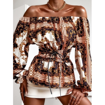 

LW BASICS Paisley Print Ruffle Design Bandage Blouse, Brown
