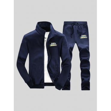 

LW Men Letter Print Pocket Design Tracksuit Set, Deep blue