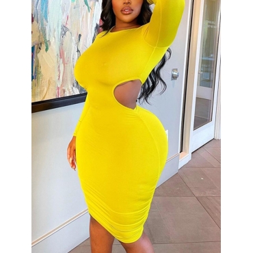 

LW Plus Size Casual Hollow-out Ruched Design Basic Dress, Yellow