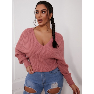 

LW V Neck Bandage Design Sweater, Purplish red