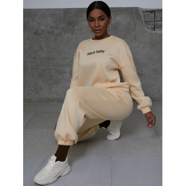 

LW COTTON Letter Print Oversized Pants Set, Apricot