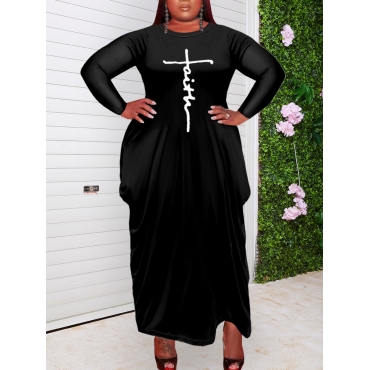 

LW Plus Size Letter Print Asymmetrical Dress, Black