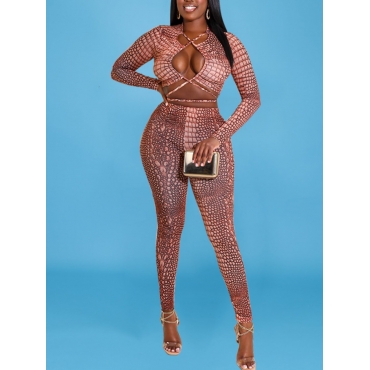 

LW SXY Animal Print Hollow-out Bandage Design Pants Set, Brown
