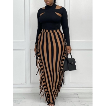 

LW Tassel Design Striped Skinny Skirt Set, Black