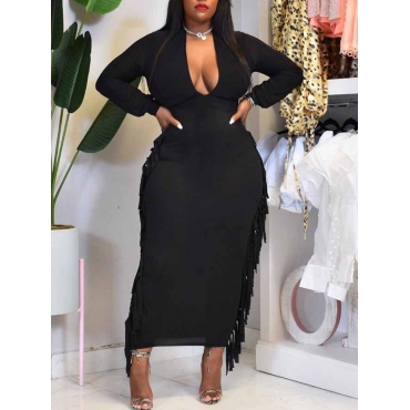 

LW SXY Plus Size Tassel Design Basic Bodycon Dress, Black