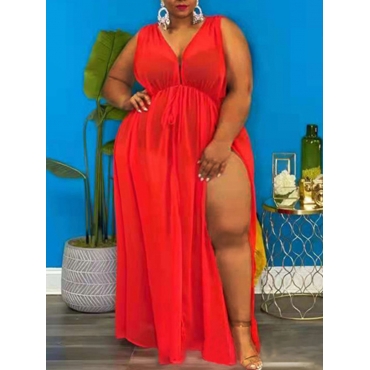 

LW SXY Plus Size Gauze Drawstring High Split Dress, Red