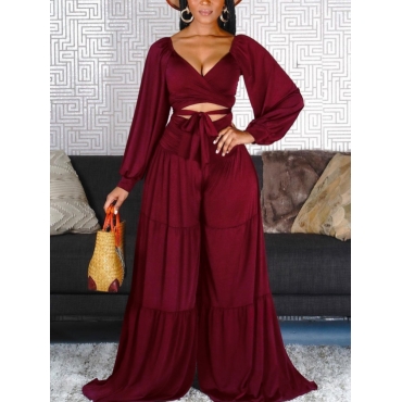 

LW Casual Bandage Wide Leg Pants Set, Wine red