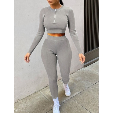 

LW BASICS Rib-knit Zipper Design Pants Set, Grey