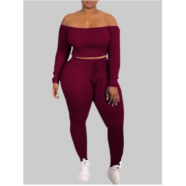 

LW Plus Size Off The Shoulder Drawstring Pants Set, Wine red