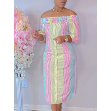 

LW Button Design Striped Dress, Pink