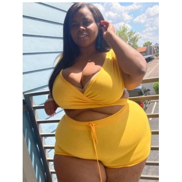 

LW COTTON Plus Size Casual V Neck Hollow-out Yellow Two-piece Shorts Set