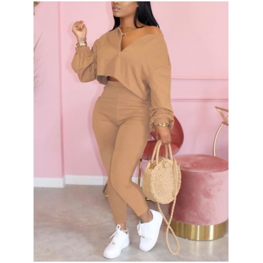 

LW V Neck Zipper Design Basic Pants Set, Khaki