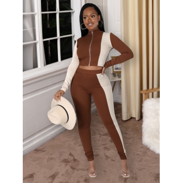 

LW Satin Zipper Design Patchwork Cropped Pants Set, Brown