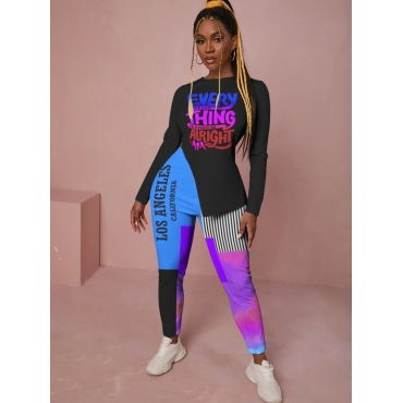 

LW Letter Print Patchwork Split Pants Set, Multi