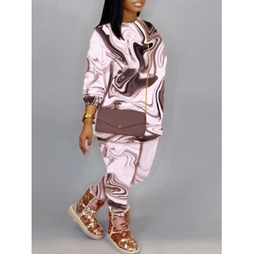 

LW Plus Size Mixed Print Tracksuit Set, Light coffee