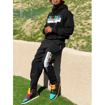 

LW Men Casual Hooded Collar Letter Print Black Two-piece Pants Set