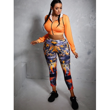 

LW Hooded Collar Mixed Print Tracksuit Set, Orange