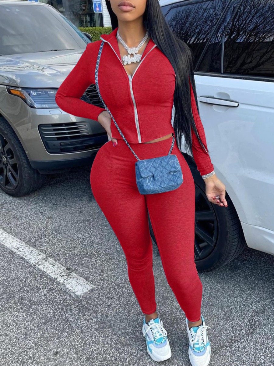 

LW BASICS Zipper Design Skinny Pants Set, Red