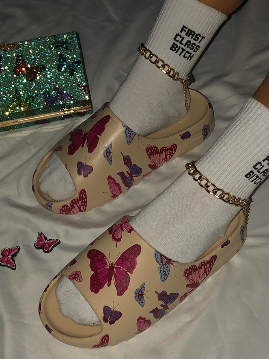 

LW Butterfly Print Foam Slippers, Khaki
