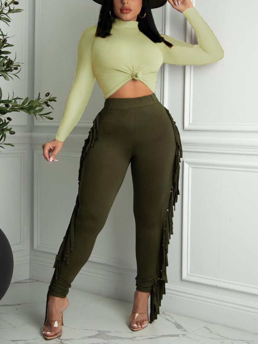 

LW Ribbed Tassel Design High Rise Pants Set, Green