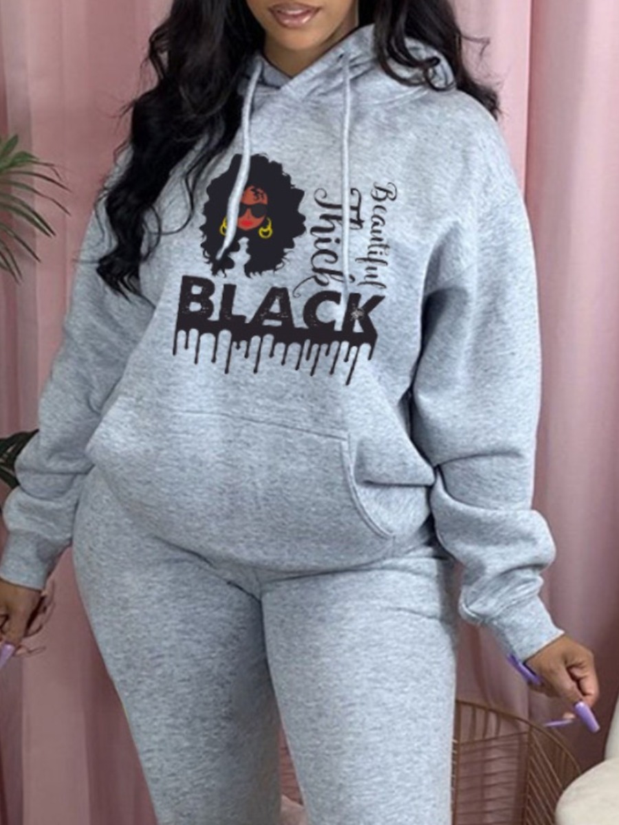 

LW Plus Size Pocket Design Cartoon Print Hoodie, Grey